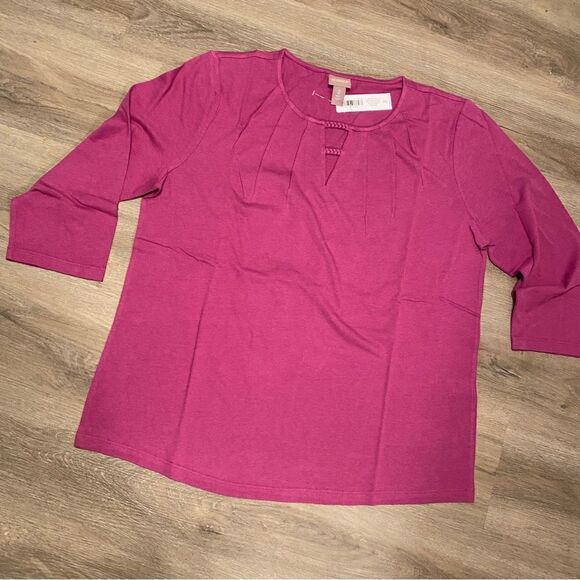 CHICO’S BRAIDED TRIM PLEATED 3/4 SLEEVE SHIRTTAIL TEE WILD MULBERRY 2 =L… - Picture 7 of 8